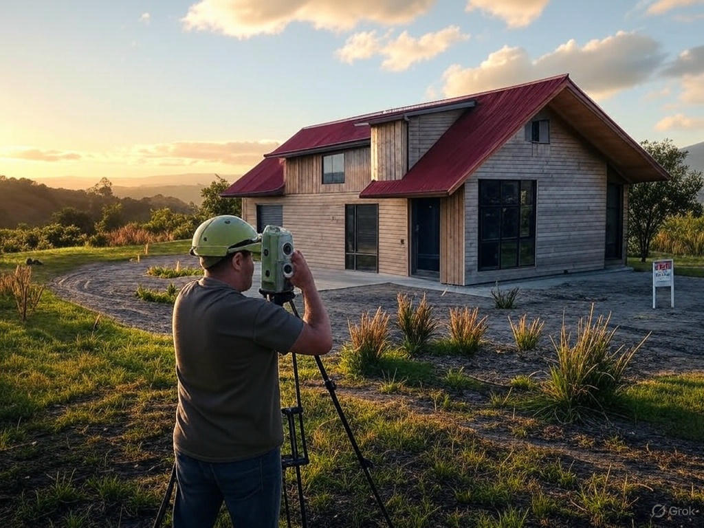 Surveyor working on a subdivided lot in a New Zealand suburb, with a 'For Sale' sign and a modern house in a lush landscape with native flax and hills.